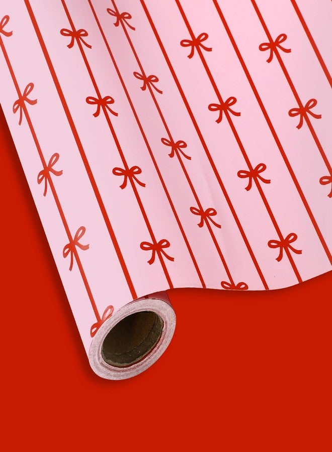 JarThenaAMCS ورق تغليف هدايا JarThenaAMCS وردي وأحمر مزين بفيونكة - لفة صغيرة - 17 بوصة × 32.8 قدم، ورق تغليف هدايا مزدوج الجوانب مخطط ومزين بفيونكة، مناسب لحفلات الزفاف، وحفلات استقبال المولود، وأعياد الميلاد. - Image 1